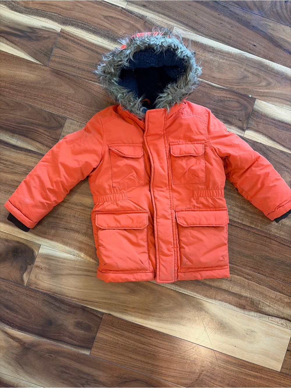 The Children's Place Orange Hooded Puffer Coat with Faux Fur Trim